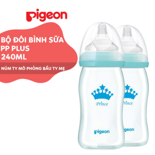 Bộ đôi bình sữa Pigeon 240ml cổ rộng PP Plus với núm vú silicone siêu mềm Plus