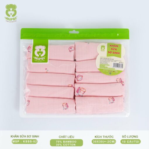 Khăn sữa sơ sinh Mipbi 2 lớp 70% sợi tre + 30% cotton KSSS02 - Màu hồng (Túi 10 chiếc)