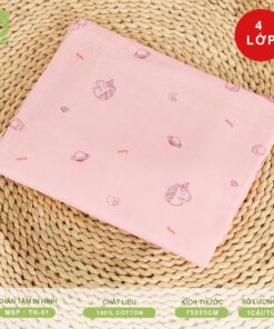 Khăn tắm in hình Mipbi cao cấp 4 lớp 100% cotton TH01 - Màu hồng (Túi 1 chiếc 75x85cm)